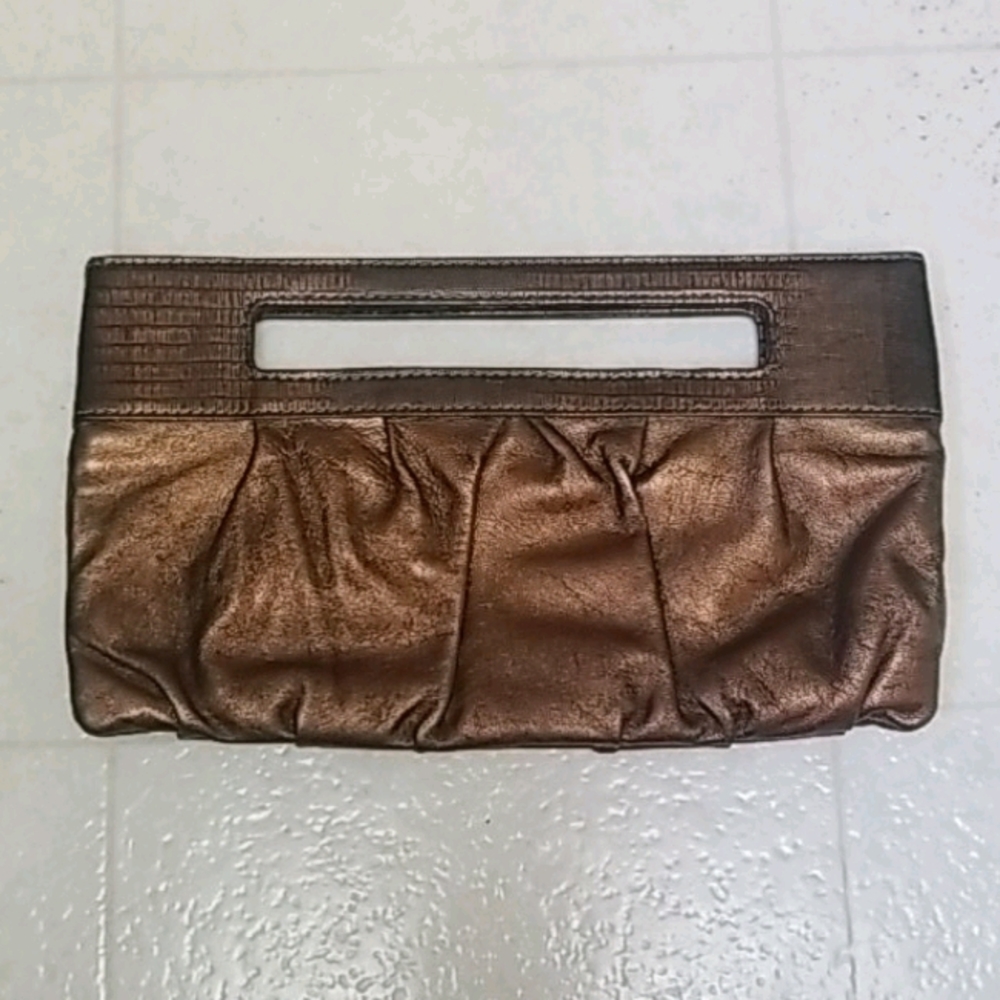 [Like NEW] BCBG leather clutch frame bag 11" x 6" Metallic BRONZE croc embossed